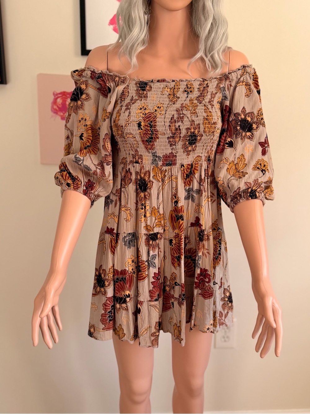 Angie Smocked Floral Off-Shoulder Mini Dress. Size Small